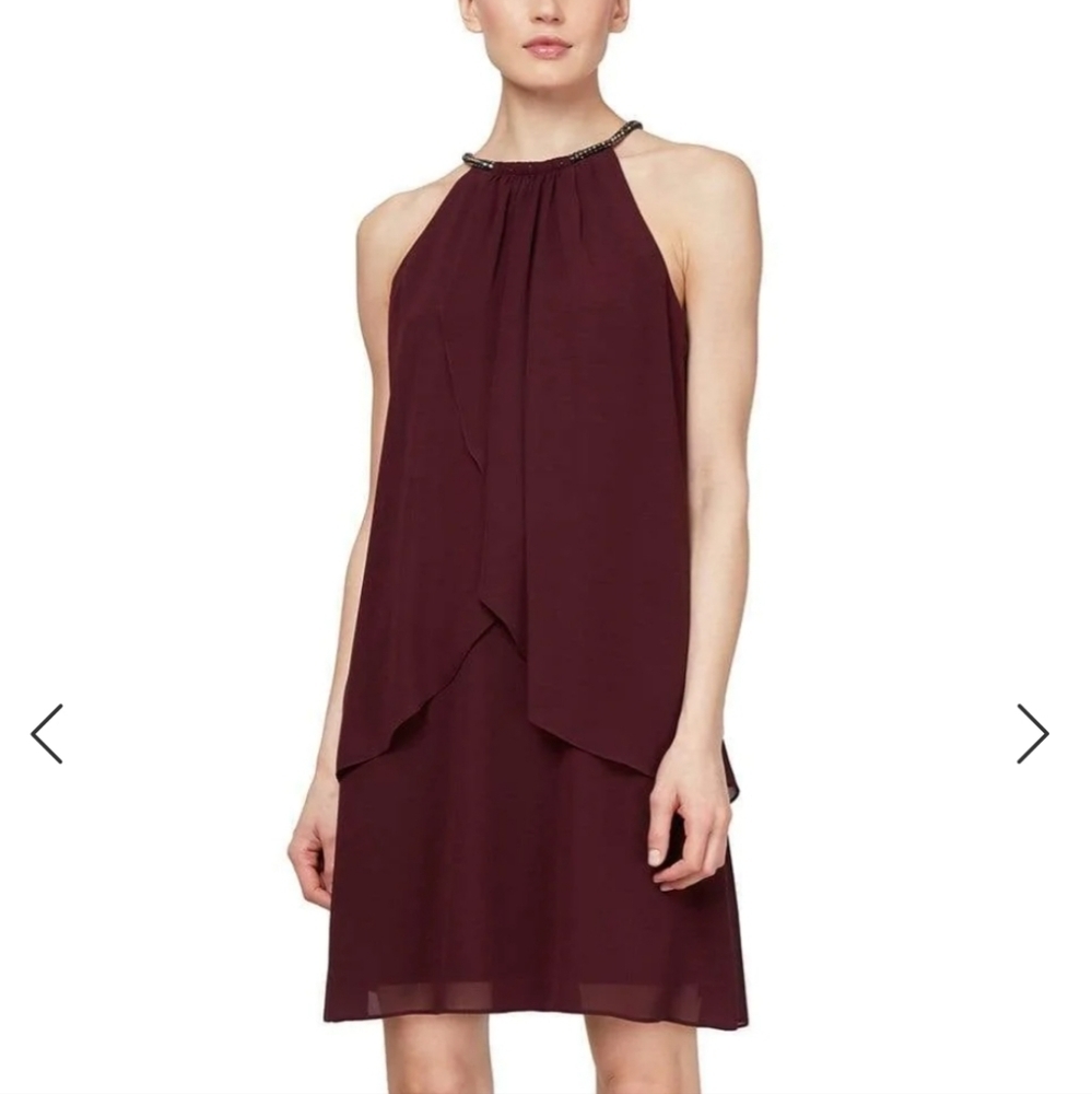 SLNY Fig Burgundy Dress Size 8 Chiffon Woman's Sheath Dressy r27 - Picture 1 of 12